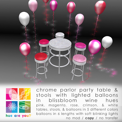 "hue are you?" blissbloom wine hues parlor tables, stools, & balloons copyable