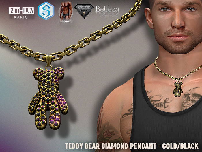 [7/11] Teddy Bear Diamond Pendant Gold Black