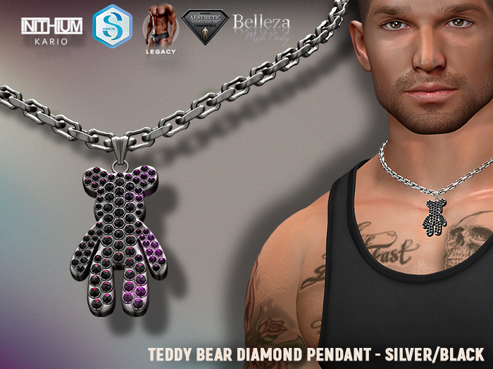 [7/11] Teddy Bear Diamond Pendant Silver Black