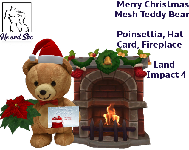 Merry Christmas Mesh Teddy Bear with Hat, Poinsettia, Card & Fireplace Promotional Promo Sale Price Holiday Gift 50L