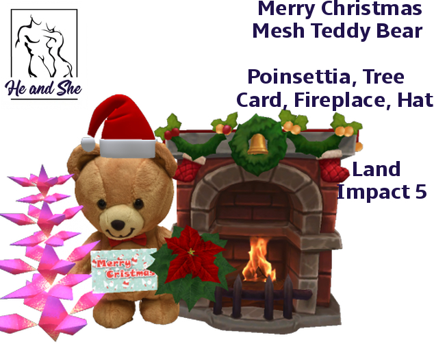 Merry Christmas Mesh Teddy Bear with Hat, Poinsettia, Card, Fireplace & Tree Promotional Promo Sale Price Gift 50L