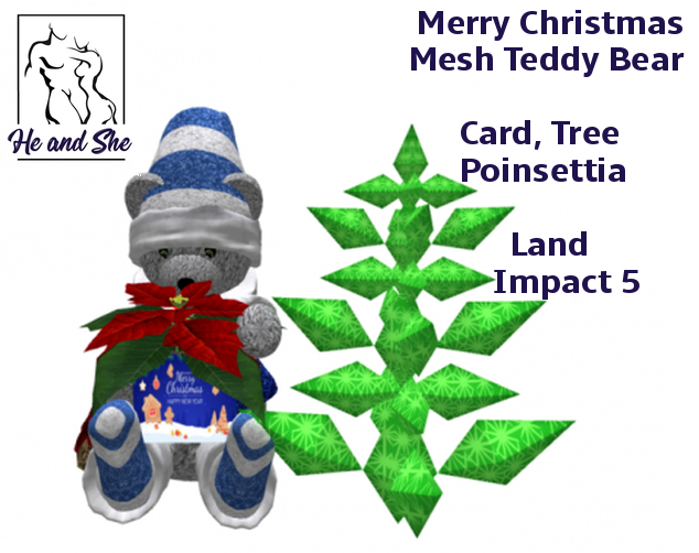 Merry Christmas Mesh Teddy Bear with Christmas Tree, Card & Poinsettia Happy Holidays Happy New Year Holiday Gift Promo