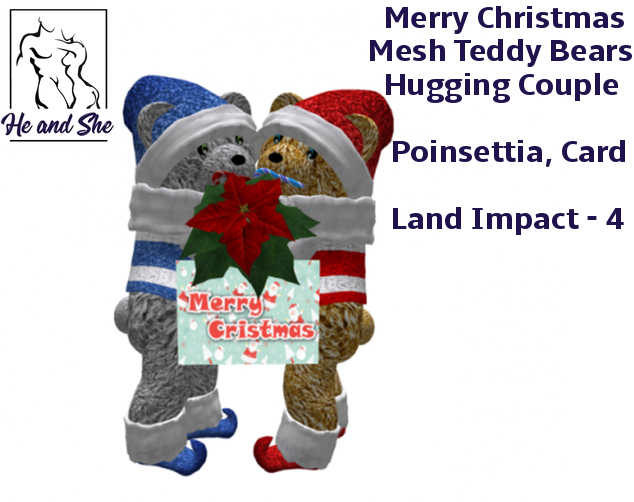 Romantic Hugging Couple Mesh Teddy Bears holding Card & Poinsettia Sale Happy Holiday Merry Christmas Gift Promotional 