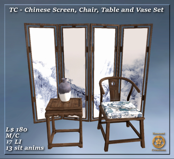 Chinese Screen, Chair, Table and Vase Set