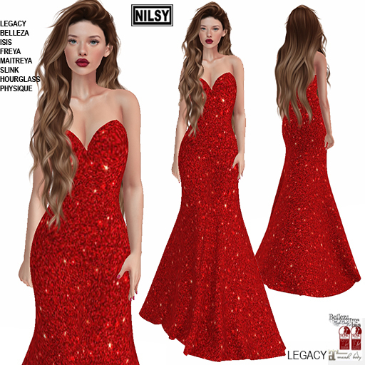 RED PAIETTE STRAPLESS GOWN,MESH BODY