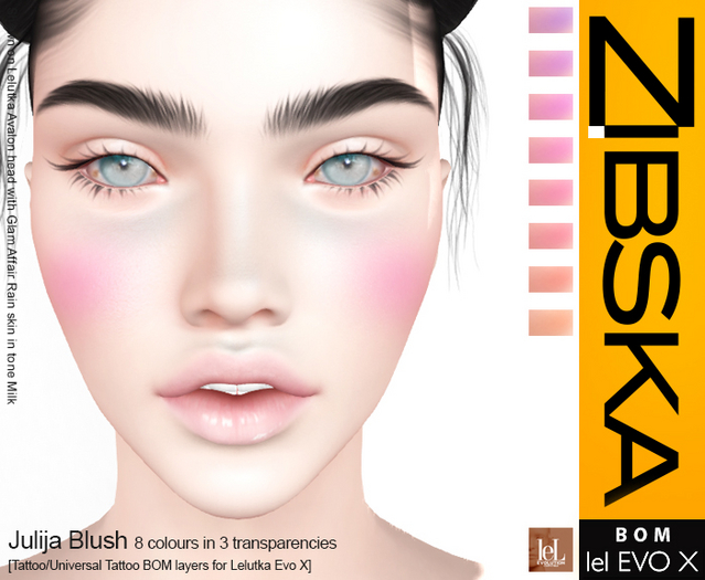 Zibska Evo X ~ Julija Blush in 8 colors in 3 transparencies with tattoo and universal tattoo BOM layers