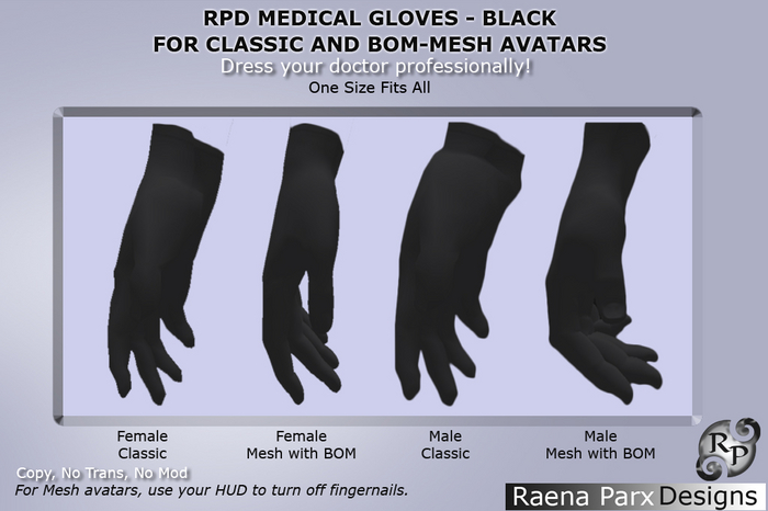 RPD Medical Gloves - Black - for CLASSIC & BOM-MESH_Avatars - RPD - NEW!!