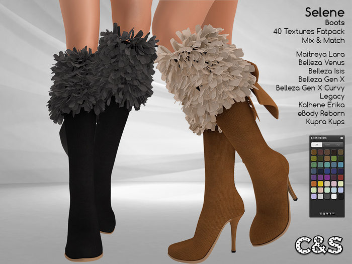 C&S Selene Boots for Maitreya, Belleza, Legacy, Kupra, Kalhene Erika and eBody Reborn. 40 Textures.