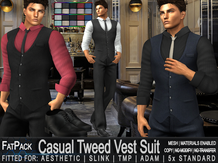 FATPACK - ZED 6x Casual Tweed Vest Suit+Shirt/Tie HUD Slink/TMP/Aes/Adam/+5x Std