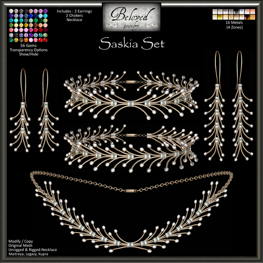 Beloved Jewelry : Saskia Set (Texture Change).  Earrings, Chokers, Necklace, Gold, Silver, Maitreya, Legacy