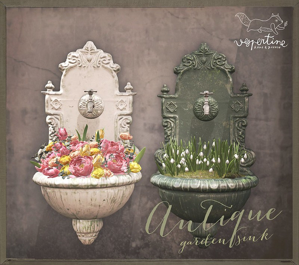 {vespertine} - antique garden sink / flowers 