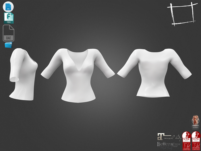 Dae Obj FBX For Deep Neck Three Quarter Sleeves Female Top Maitreya Slink Belleza Isis Freya Legacy Ebody Reborn