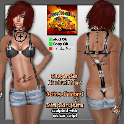 Coxi - Sexy Mini skirt jeans, suspender, bra