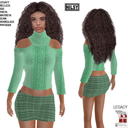 CUT OUT SHOULDER SWEATER&SLIT WOOL SKIRT,MESH BODY
