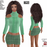 CUT OUT SHOULDER SWEATER&SLIT WOOL SKIRT,MESH BODY