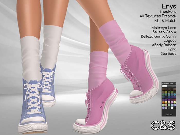 C&S Enys Sneakers & Socks for Maitreya, Belleza, Legacy, Kupra, StarBdy and eBody Reborn. 40 Text. Mix & Match