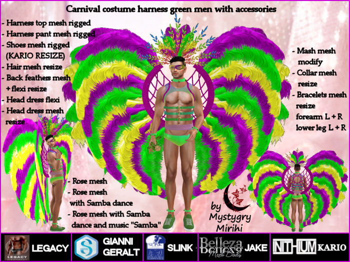 Carnival Costume harness green men,feathers,hair,accessories,samba,legacy,slink,belleza,gianni,geralt,inithium kario
