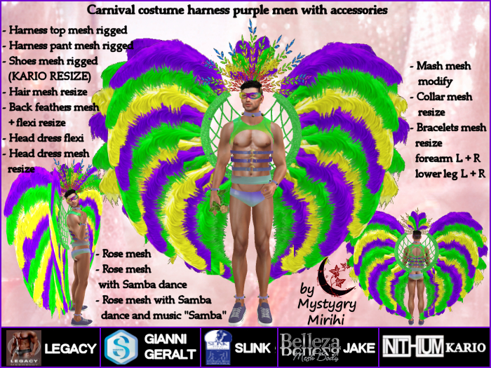 Carnival Costume harness purple men,feathers,hair,accessories,samba,legacy,slink,belleza,gianni,geralt,inithium kario