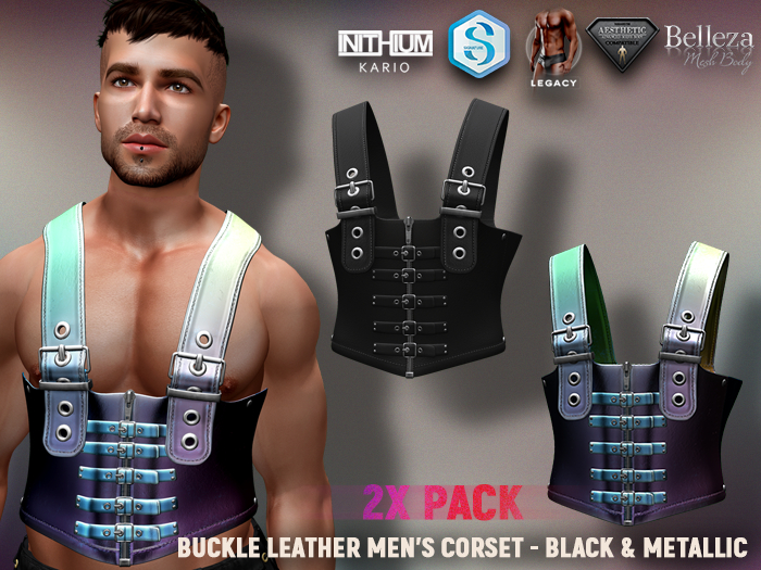 [7/11] Buckle Leather Men's Corset - Black & Metallic