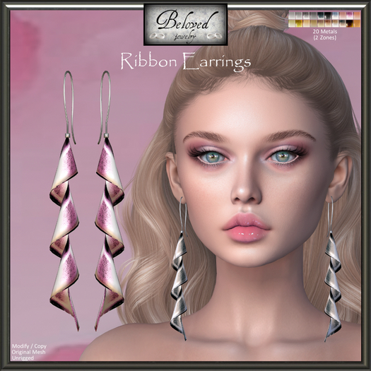 Beloved Jewelry : Ribbon Earrings (Texture Change) Gold, Silver, Platinum, Modifiable!
