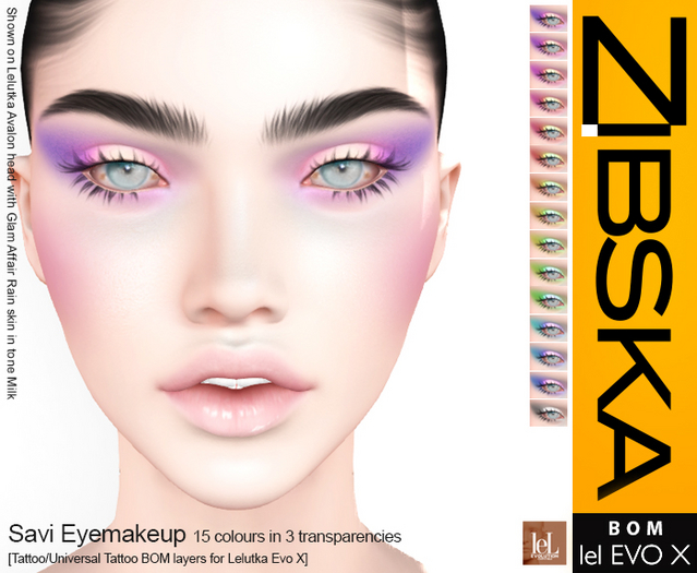Zibska Evo X ~ Savi Eyemakeup in 15 colors in 3 transparencies with tattoo & universal tattoo BOM layers