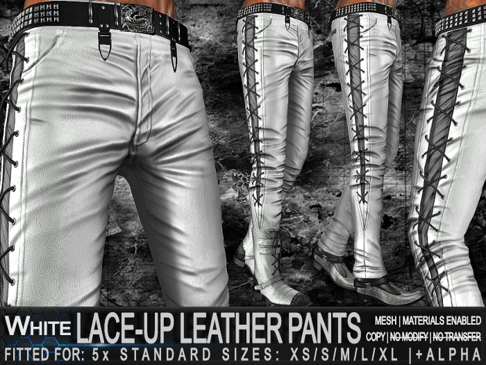 ZED MESH MATERIALS ENABLED: Lace-Up White Leather StovePipe & StraightLeg Pants