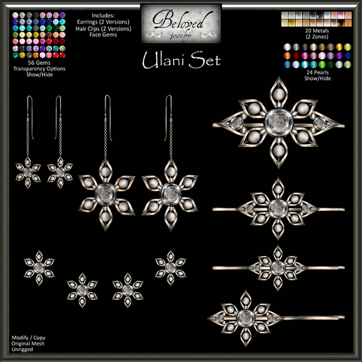 Beloved Jewelry : Ulani Set (Texture Change) Earrings, Face Gems, Hair Clips, Hair Accessory, Face Jewelry