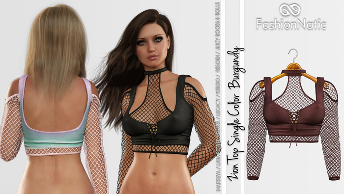 Zion Fishnet Top Burgundy - Maitreya, Petite, Kupra , Legacy, Nerido, Reborn, Juicy, Rolls - FashionNatic