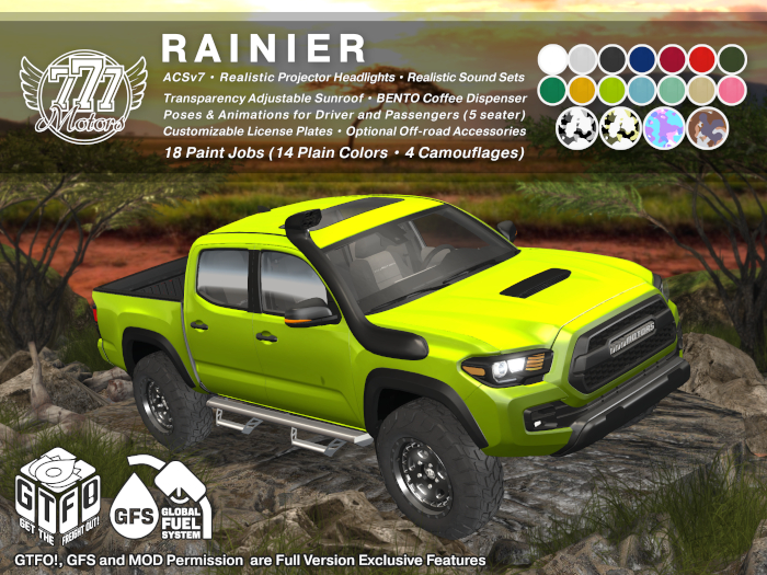 [777] RAINIER - GTFO! / Global Fuel System / Bento Cofee / Transparency Adjustable Sunroof (Updated to V2 January 2023)