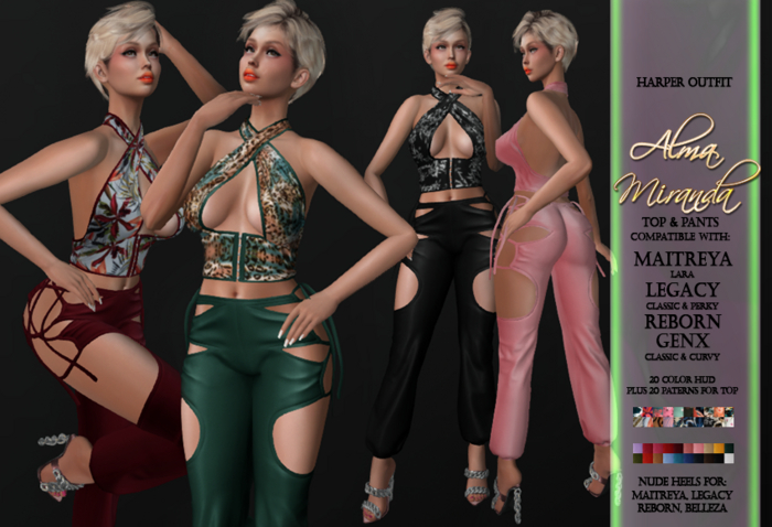 .: AlmaMiranda :. Harper Pants Top Latex Leather Pattern Cut Out Fun Female Heels Outfit Lara Legacy Perky Reborn GenX