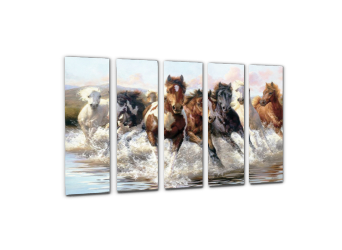 Five Panel Picture - Horses Splashing Stampede