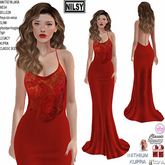 CHIFFON FRONT RED GOWN,CL&MESH BODY