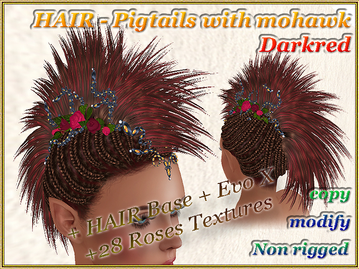 HAIR - Pigtails with mohawk - Darkred (No rigg) (copy, modify)