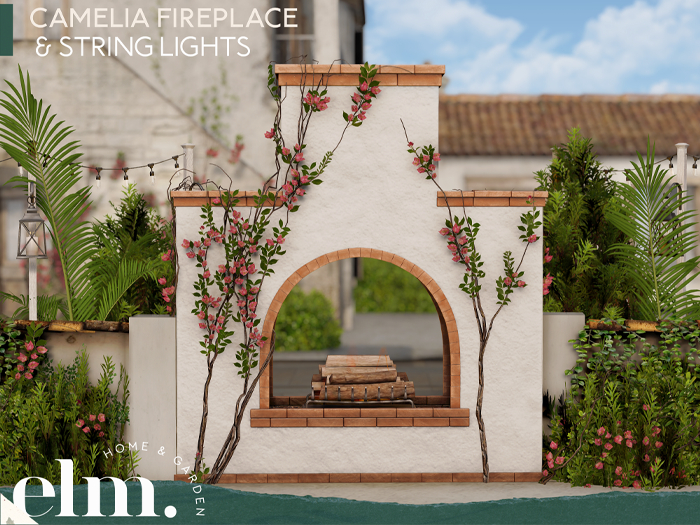 Elm. Camelia Outdoor Fireplace & String Lights [FATPACK]