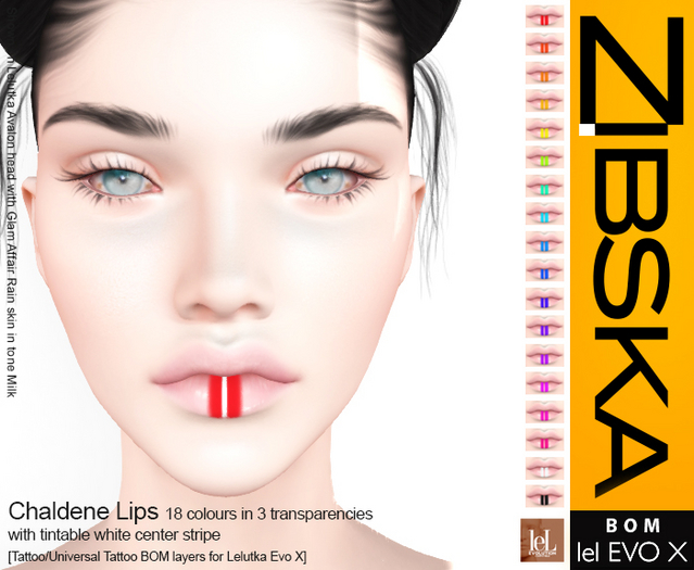 Zibska Evo X ~ Chaldene Lips in 18 colors in 3 transparencies with tattoo and universal tattoo BOM layers