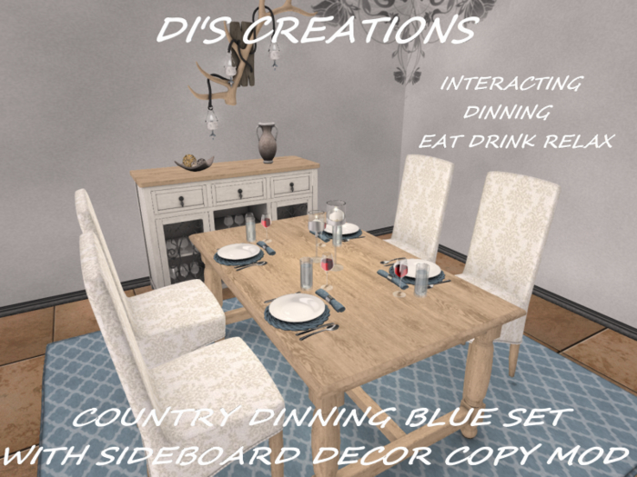 COUNTRY DINNING BLUE SET WITH SIDEBOARD DECOR