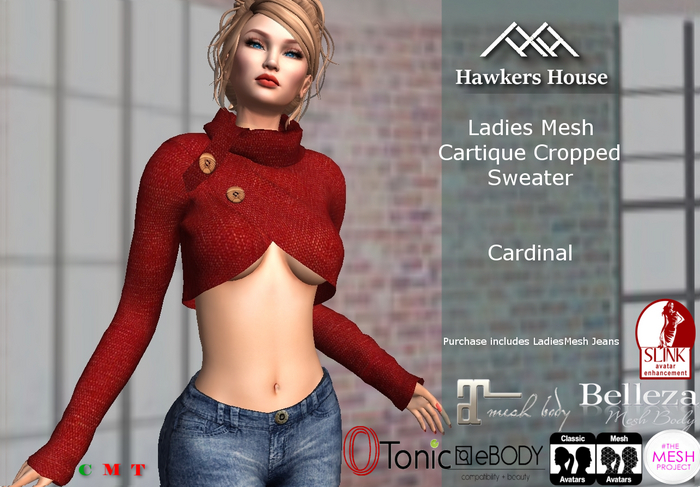 *HH* Ladies Mesh Cartique Cropped Sweater Cardinal