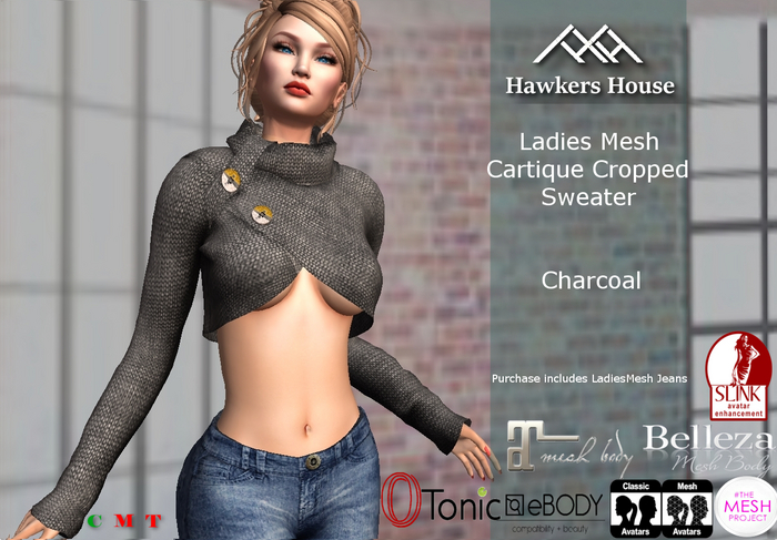 *HH* Ladies Mesh Cartique Cropped Sweater Charcoal