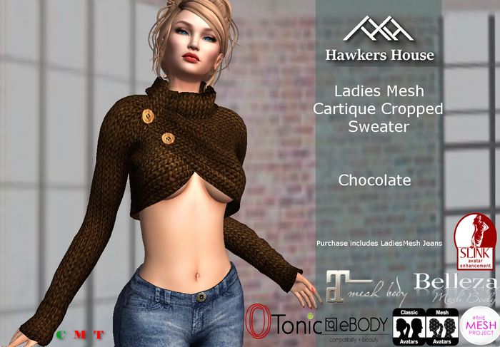 *HH* Ladies Mesh Cartique Cropped Sweater Chocolate