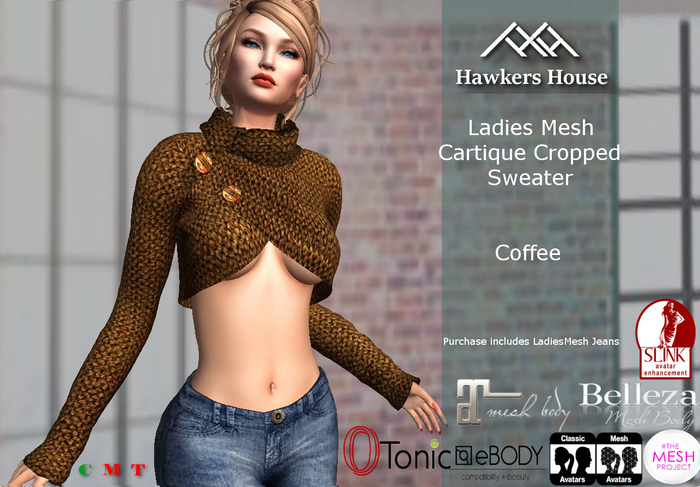 *HH* Ladies Mesh Cartique Cropped Sweater Coffee