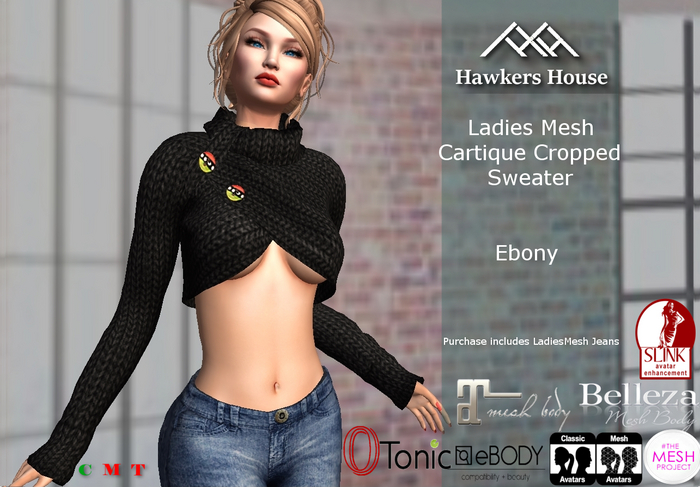 *HH* Ladies Mesh Cartique Cropped Sweater Ebony