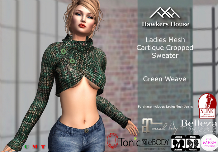 *HH* Ladies Mesh Cartique Cropped Sweater Green Weave