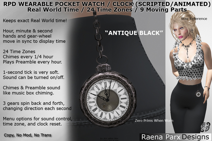 VINTAGE POCKETWATCH - "ANTIQUE BLACK" (SCRIPTED / ANIMATED / SOUND) - KEEPS REAL WORLD TIME - RPD - NEW!!!