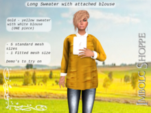 Long lose yellow sweater with white blouse 5x classic and 1 fitted mesh, long sweater and white shirt, Imbolc