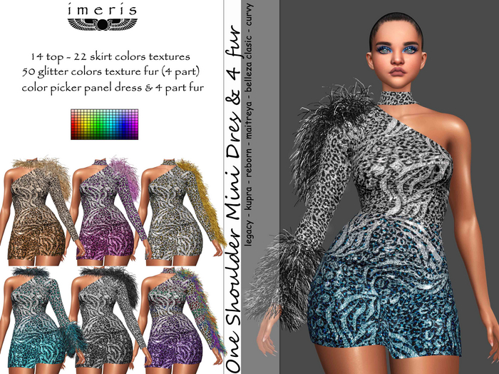 imeris / ONE SHOULDER MINI DRESS AND 4 FUR -GLITTER-