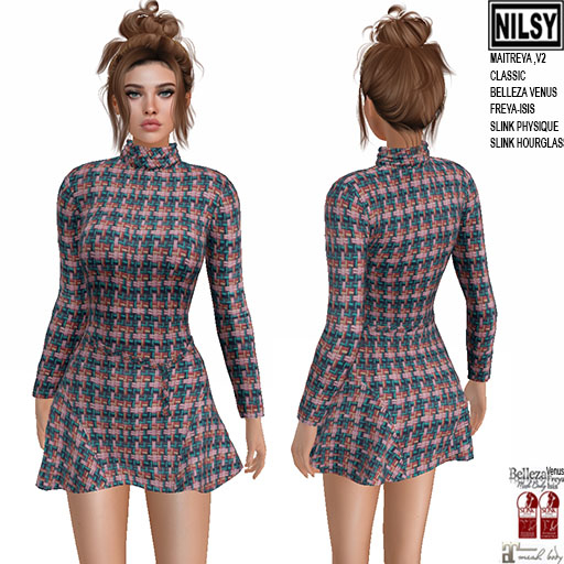 BELTED TWEED DRESS,CL&MESH BODY