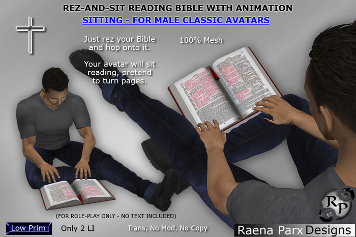REZ-AND-SIT READING BIBLE WITH ANIMATION SITTING - FOR MALE CLASSIC AVATARS - *RPD* - NEW!!!