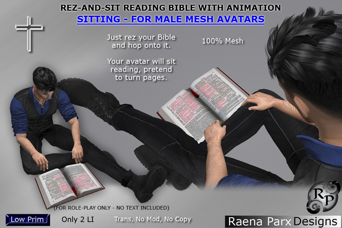 REZ-AND-SIT READING BIBLE WITH ANIMATION SITTING- FOR MALE MESH AVATARS - *RPD* - NE!!!