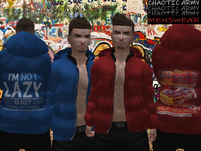 CHAOTIC ARMY - PADDED PUFFER JACKET BLUE "LAZY" & RED "DREAMS CAR" GRAPHIC SET - BELLEZA JAKE