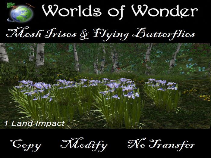 WoW Spring Flower L. Blue Irises & Flying Butterflies